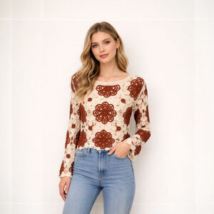 Boho Crochet Lace Floral Top Small Cream Rust Sheer Long Sleeve Cloth by Design
